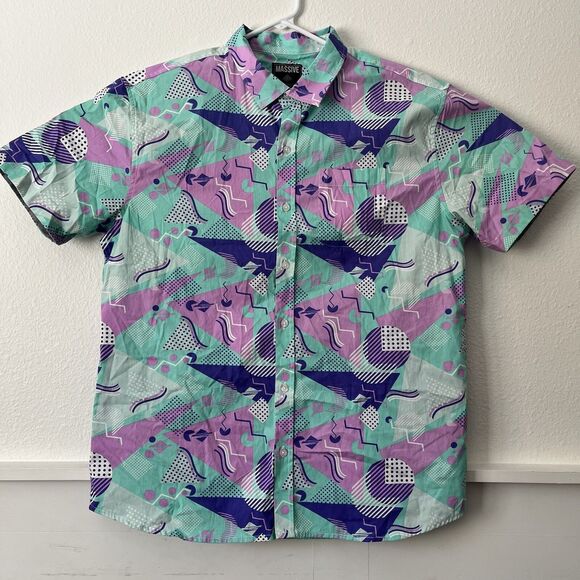 Super Massive Geometric 80s Style Print Button Up Short Sleeve Shirt Men’s XL - Picture 1 of 5